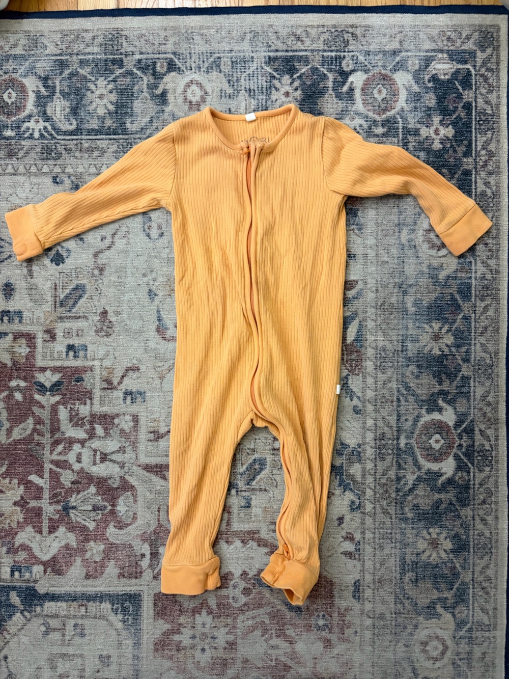 MORI toddler Ribbed One-Piece Footed two way Zipper Romper - Mustard